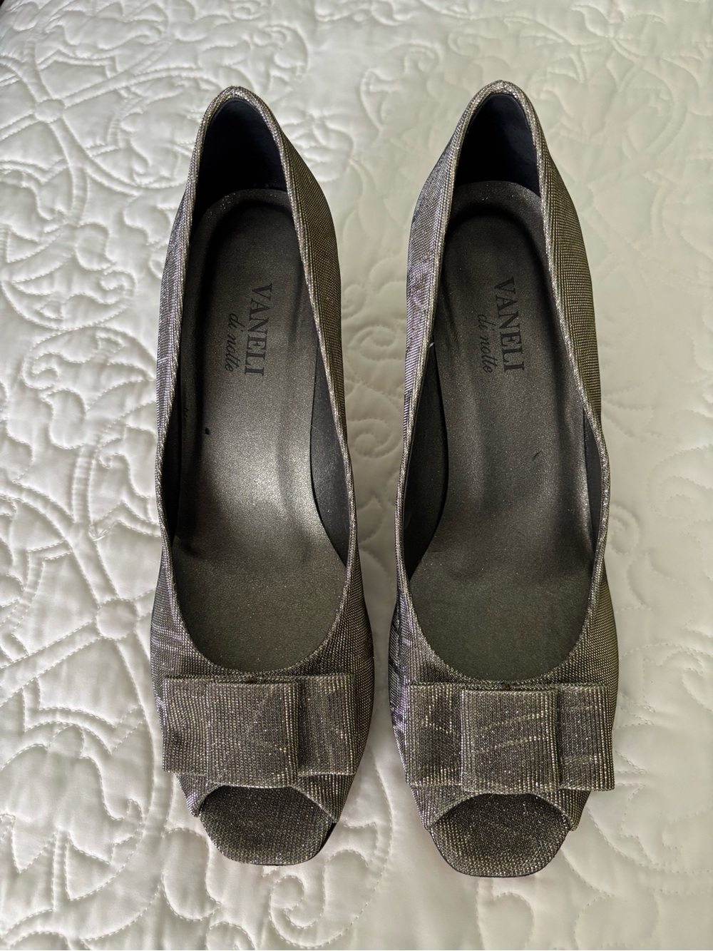 Vaneli Metallic Pewter Peep-Toe Heels with Bow Accent